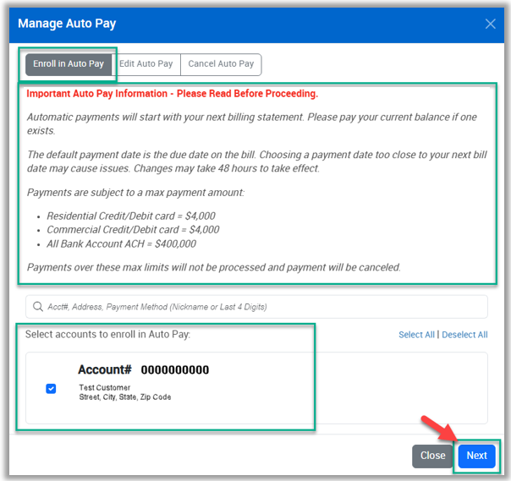 Enroll in Auto Pay Settings Screenshot