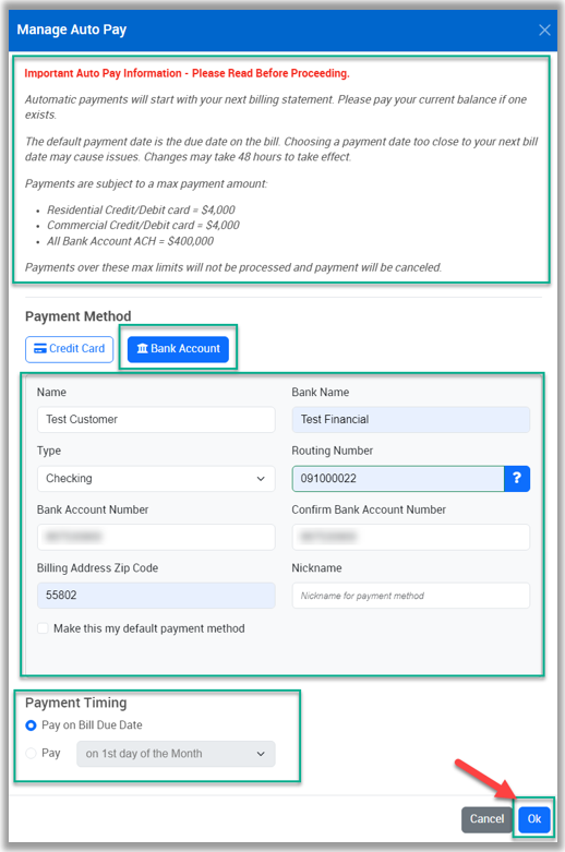 Setting up Auto Pay payment method Screenshot